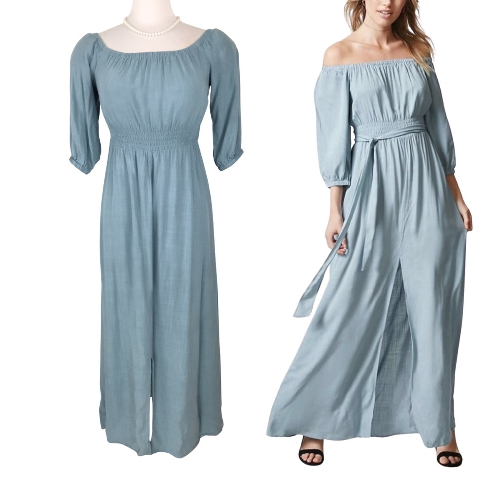 Forever 21 Chambray Blue Off Shoulder 3/4 Sleeve Smocked Waist Maxi Dress Small